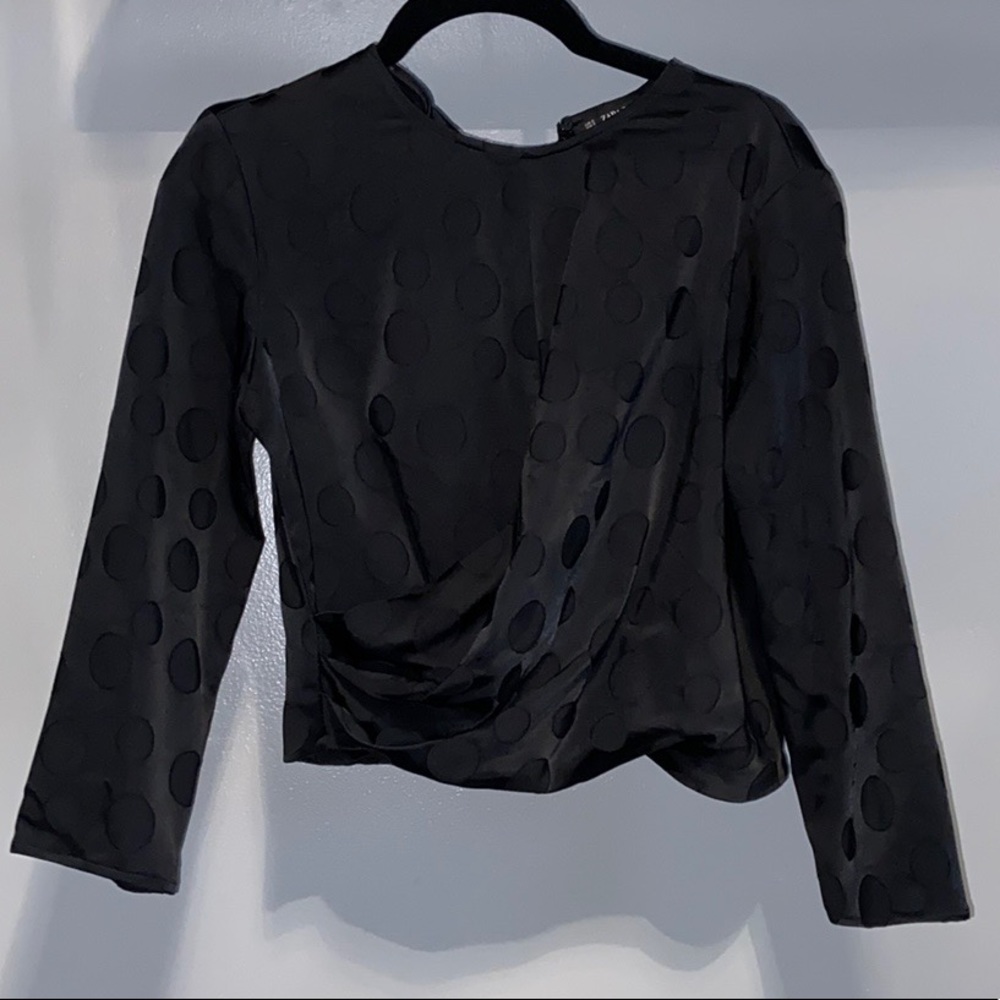 Zara Black Jacquard Polkadot Long-sleeve Crop Top